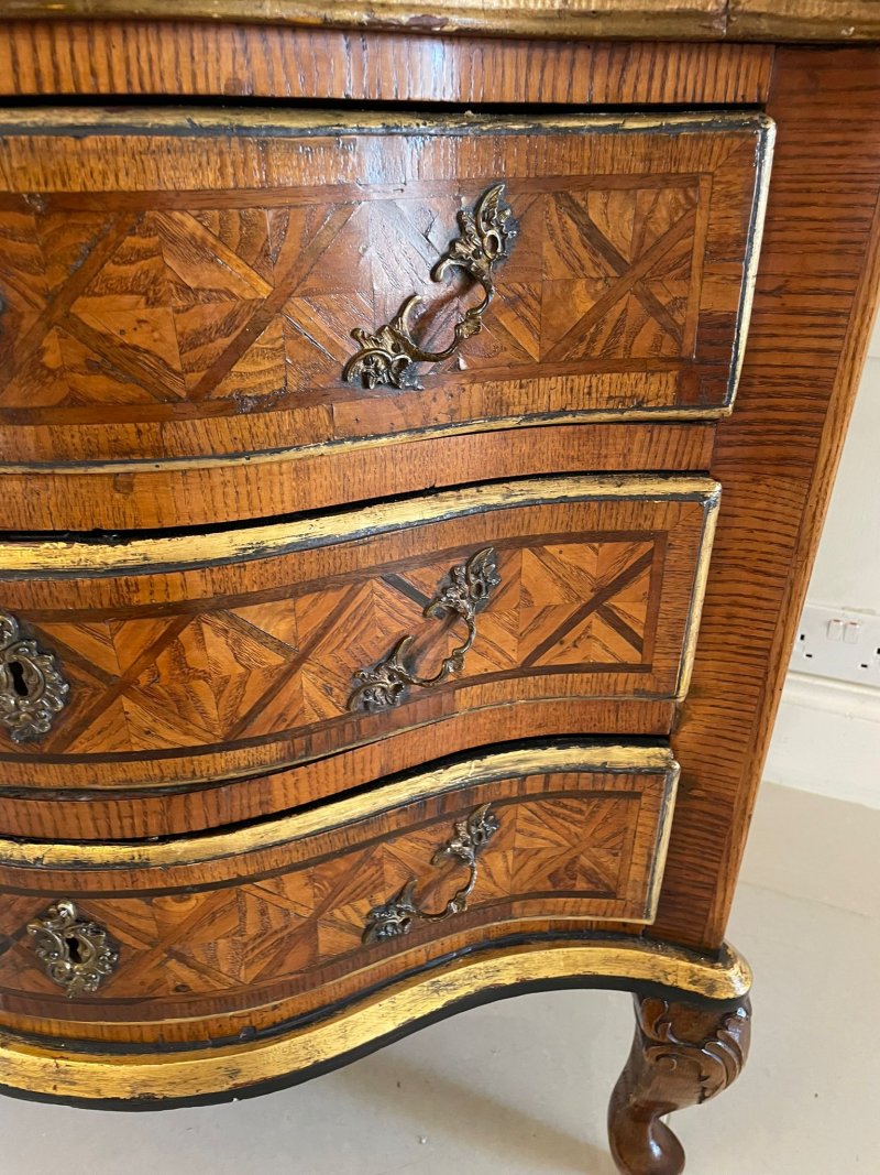 Antique 18th Century Quality Parquetry Inlaid Serpentine Shaped Marble Top Commode Chest - Image 8